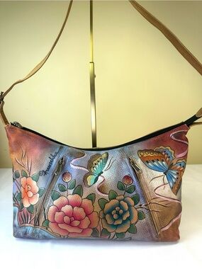 Anuschka Handpainted leather floral and butterfly design bag
